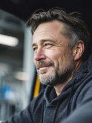 Thoughtful man with grey beard smiling while sitting in modern vehicle