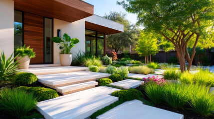 Modern outdoor space featuring flagstone stepping stones and directed accent lighting