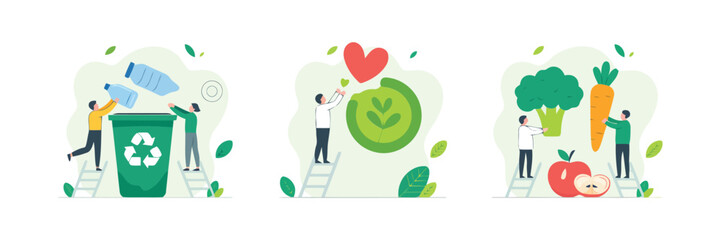 A vector of illustrations depicting sustainable living concepts, including responsible waste recycling, eco-friendly practices, and healthy diet choices for a better future