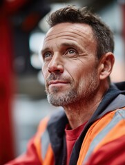 Focused male construction worker in high-visibility orange vest looking thoughtfully into the distance
