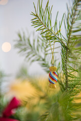 Spruce branches decorated with New Year and Christmas decorations