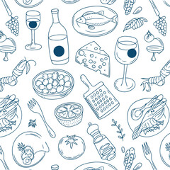 A charming vector of a seamless pattern filled with hand-drawn food and drink items, like seafood, wine, cheese, and various culinary ingredients