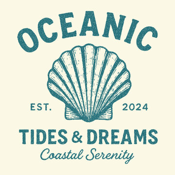 Oceanic tides and dreams. Coastal Nautical Shell Vector Graphic. Seashell graphic print design for t shirt. Sound of the sea. Coastal Nautical Shell Vector Graphic, Vintage summer slogan print drawing