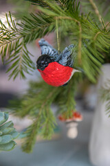 Spruce branches decorated with New Year and Christmas decorations