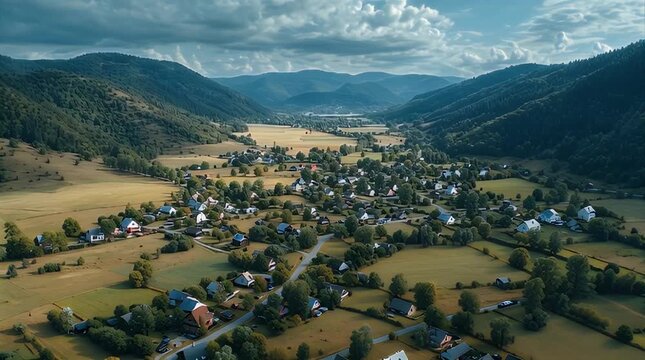 Aerial drone view of a picturesque village nestled in a scenic mountain valley, surrounded by lush green hills and dense forests under a vibrant sky, capturing serene rural life and natural beauty