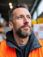Focused warehouse worker in safety vest contemplating in industrial setting