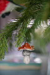 Spruce branches decorated with New Year and Christmas decorations