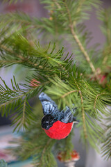 Spruce branches decorated with New Year and Christmas decorations