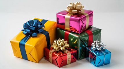 Obraz premium Stack Of Shiny Gift Boxes With Colorful Ribbons And Bows On White Surface present
