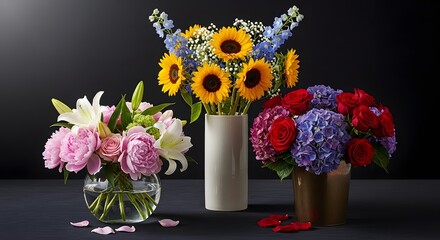 Assorted floral arrangements displayed on dark backdrop for decorative use