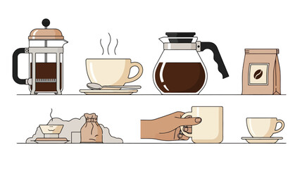 Coffee brewing methods, mugs, and ingredients illustrated in a clean, modern design