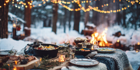 Outdoor Christmas dinner with friends . AI generative.