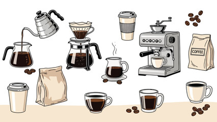 Coffee preparation and enjoyment illustration, featuring various brewing methods and supplies