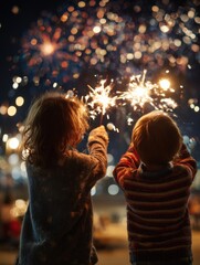Children enjoying sparkler fireworks at night with colorful bokeh in a joyful festive atmosphere