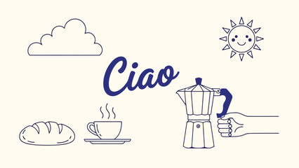 Italian morning greeting: Ciao with coffee, bread, sun and cloud illustration © Avoxel
