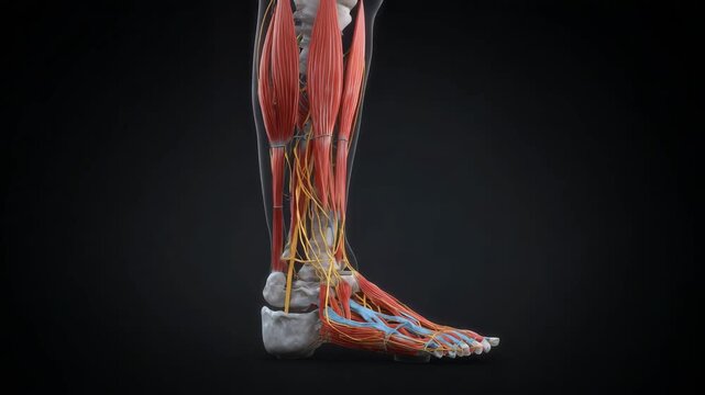 Human lower leg anatomy showing muscles nerves and bones medical illustration foot ankle structure healthcare education science concept visualization physiology biomedical learning training model aid