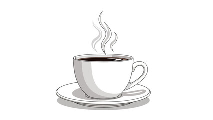 Steaming cup of coffee on a saucer in a simple, minimalist design against a white backdrop