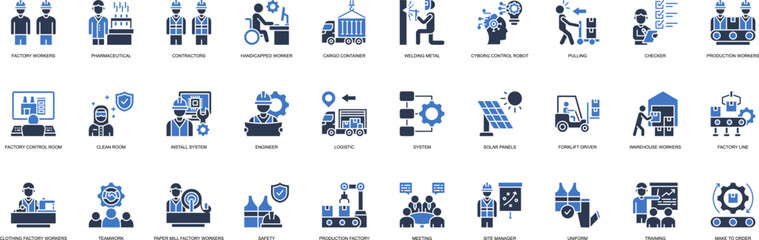 Factory Workers solid style icon set. Containing Factory Workers, Pharmaceutical, Contractors, Handicapped Worker, Cargo Container, Welding Metal, Cyborg Control Robot © Purple Iconix