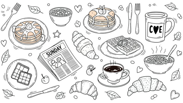 Breakfast Delight: Illustrated Food and Drink Elements on White Background