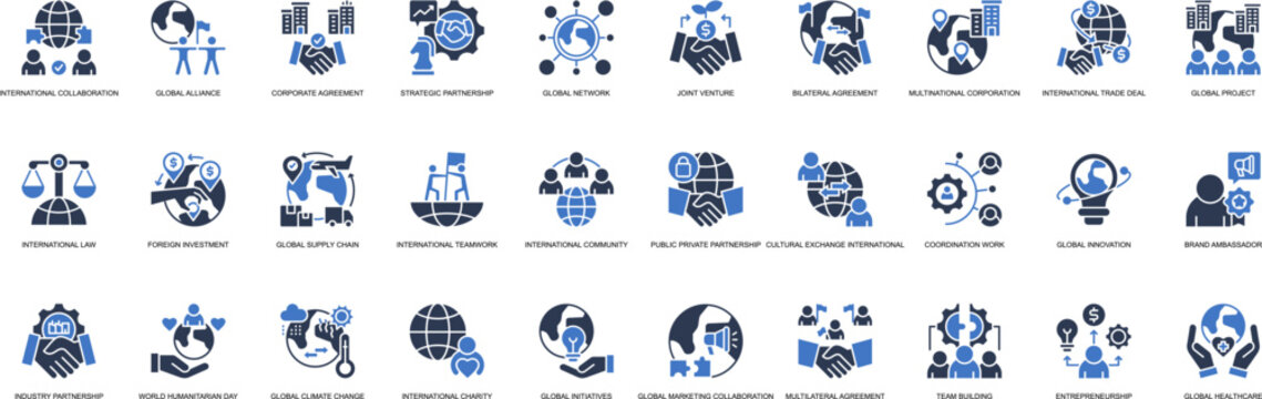 International Collaboration solid style icon set. Containing International Collaboration, Global Alliance, corporate agreement, Strategic Partnership, Joint Venture, Bilateral, Collaboration