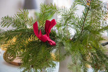 Spruce branches decorated with New Year and Christmas decorations