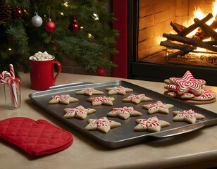 christmas cookies on the table, Seasonal baking setup showing a metal cookie sheet with tree shaped cookies, star cookies, a candy cane and a red quilted oven mitt, evoking Christmas treats