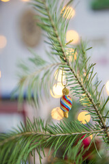 Spruce branches decorated with New Year and Christmas decorations