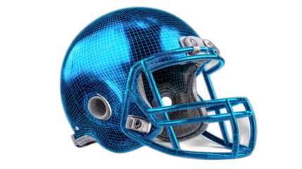 3d wireframe football helmet with blue neon lines on transparent background