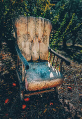 Old neglected chair outside under a tree with fallen pomegranates.