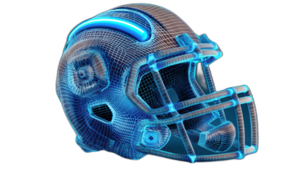 3d wireframe football helmet with blue neon lines on transparent background