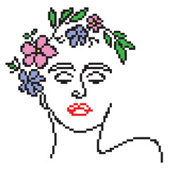 Pixel girl's face with flowers on a white background