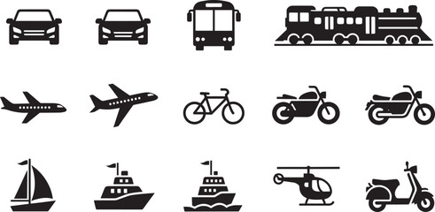 Set of black transportation and travel icons on transparent background