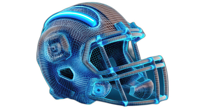 3d wireframe football helmet with blue neon lines on transparent background - Powered by Adobe