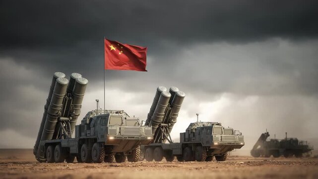 China military rocket launch vehicles positioned on field with Chinese flag dramatic sky modern defense technology armed forces strength