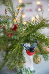 Spruce branches decorated with New Year and Christmas decorations