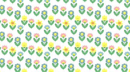 Cute Floral Seamless Pattern Smiling Flowers Colorful Kids Nature Background