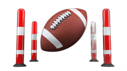 american football flying through goal posts on white background