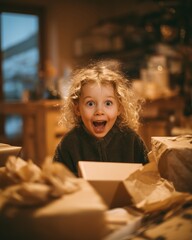 Excited child surrounded by open packages and wrapping paper in cozy home environment