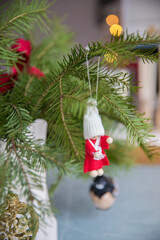 Spruce branches decorated with New Year and Christmas decorations