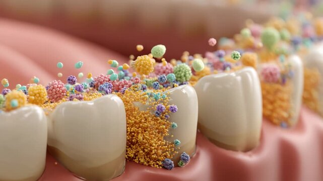 Detailed 3d render of human teeth with bacterial plaque and microbes illustrating oral health issues dental hygiene importance gum disease risk and preventive care concept