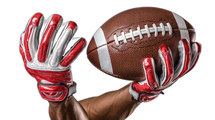 american football player gloves catching ball on white background