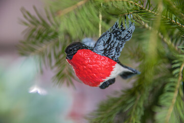Spruce branches decorated with New Year and Christmas decorations
