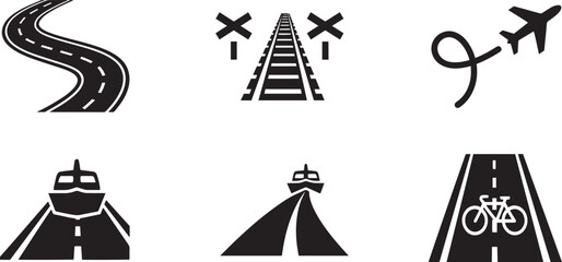 Fototapeta premium Set of black silhouette transportation and travel icons on background
