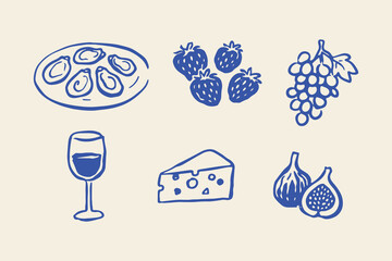Wine and Cheese Snack Set Doodle Outline Vector Illustration