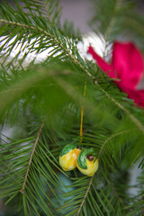 Spruce branches decorated with New Year and Christmas decorations