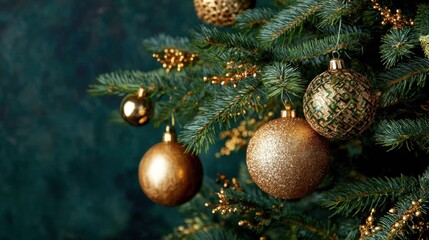 Golden ornaments hang on a green Christmas tree with a dark backdrop