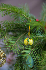 Spruce branches decorated with New Year and Christmas decorations