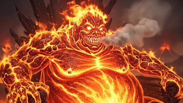 Fiery lava giant creature looming over smoky battleground in dramatic fantasy eruption.