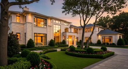 Obraz premium Grand estate home with lush landscaping illuminated by warm evening lights