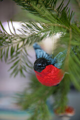 Spruce branches decorated with New Year and Christmas decorations